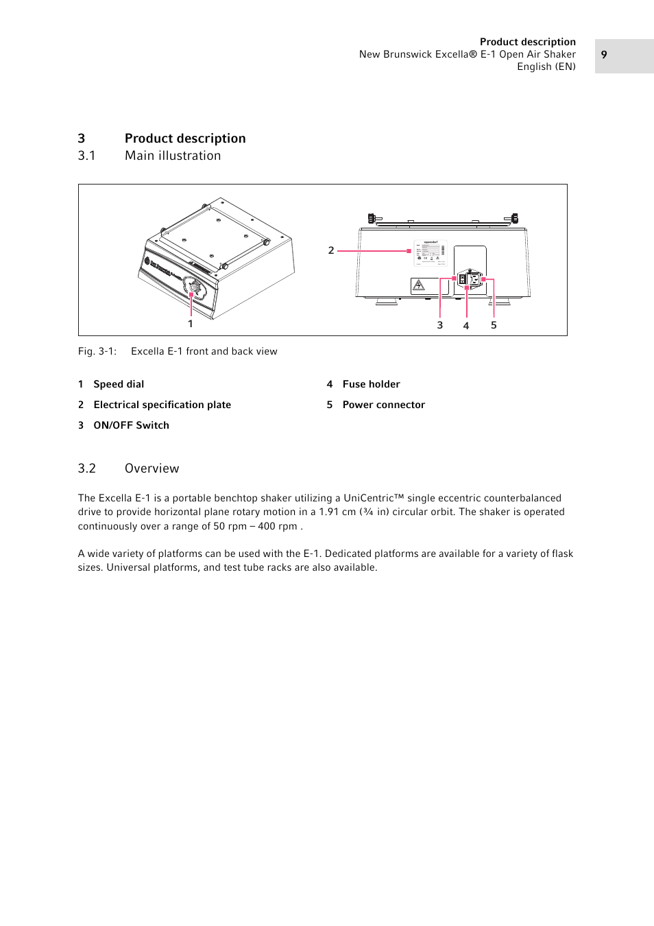 3 product description, 1 main illustration, 2 overview | Product description 3.1, Main illustration, Overview, 3product description 3.1 main illustration | Eppendorf Excella E-1 Classic Platform Shaker User Manual | Page 9 / 32