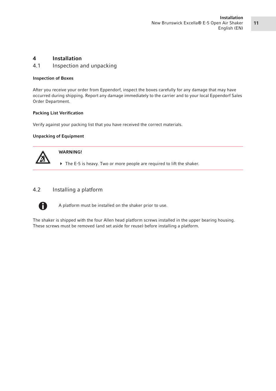 4 installation, 1 inspection and unpacking, 2 installing a platform | Installation 4.1, Inspection and unpacking, Installing a platform | Eppendorf Excella E-5 Classic Platform Shaker User Manual | Page 11 / 42