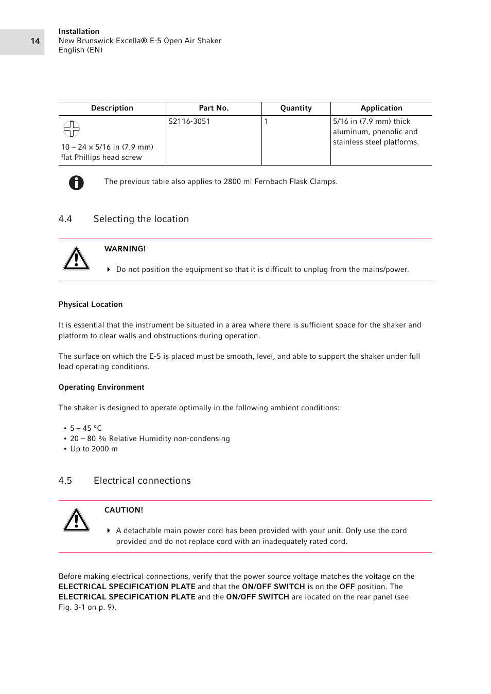 4 selecting the location, 5 electrical connections, Selecting the location | Electrical connections | Eppendorf Excella E-5 Classic Platform Shaker User Manual | Page 14 / 42