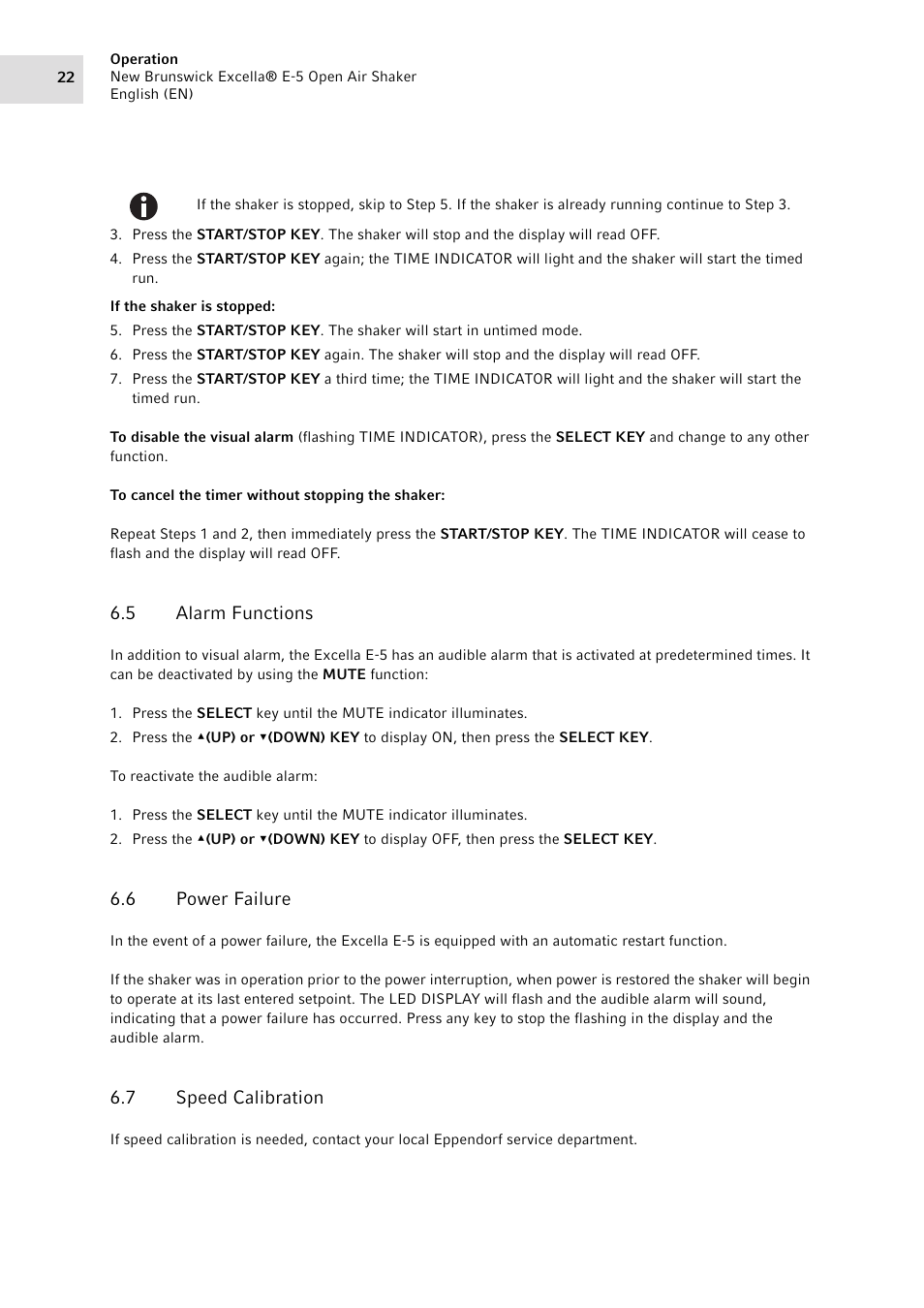 5 alarm functions, 6 power failure, 7 speed calibration | Alarm functions, Power failure, Speed calibration | Eppendorf Excella E-5 Classic Platform Shaker User Manual | Page 22 / 42