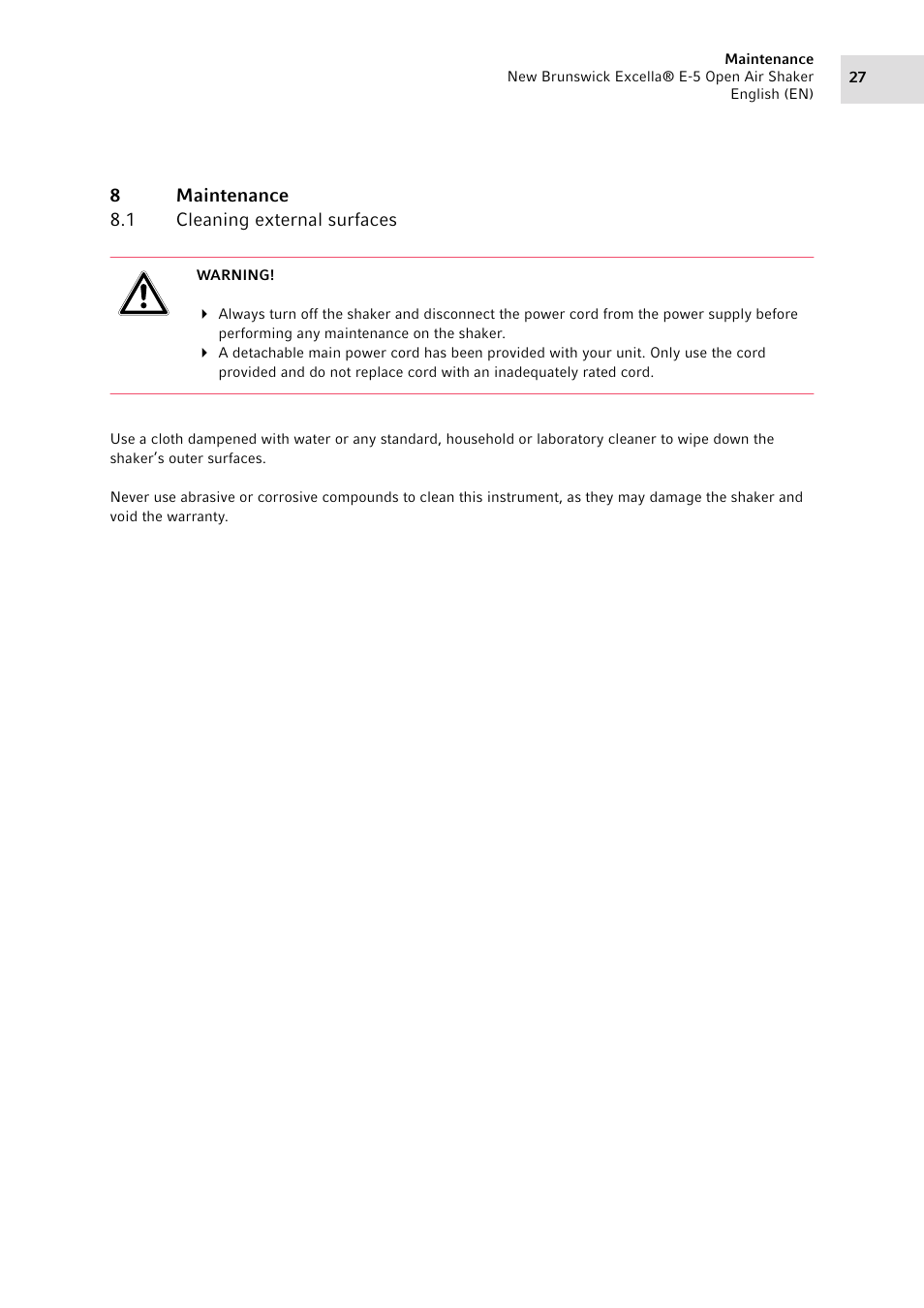 8 maintenance, 1 cleaning external surfaces, Maintenance 8.1 | Cleaning external surfaces | Eppendorf Excella E-5 Classic Platform Shaker User Manual | Page 27 / 42