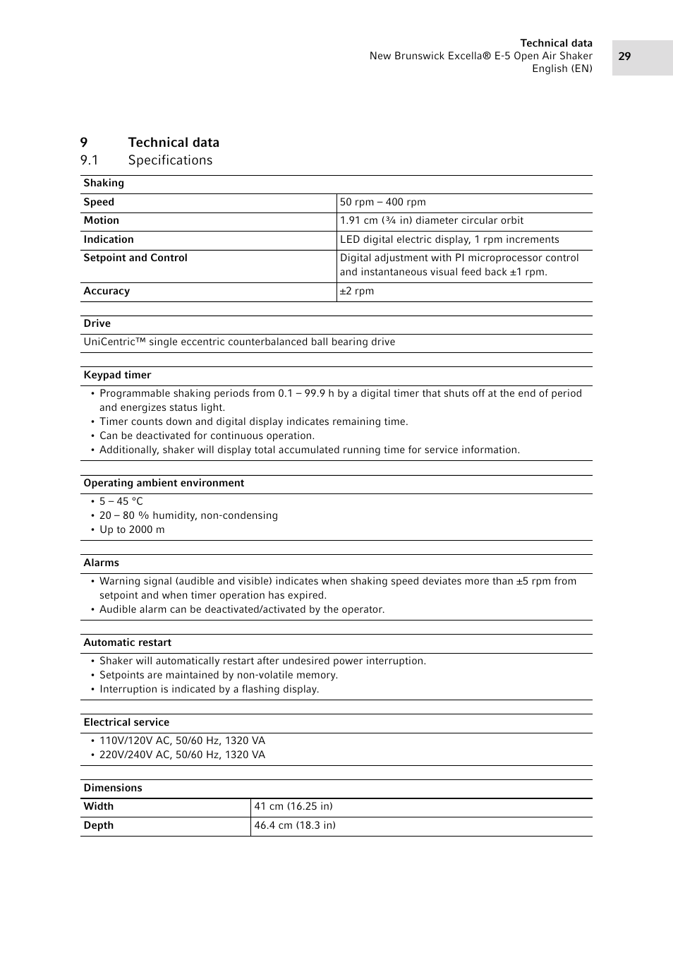 9 technical data, 1 specifications, Technical data 9.1 | Specifications, 9technical data 9.1 specifications | Eppendorf Excella E-5 Classic Platform Shaker User Manual | Page 29 / 42