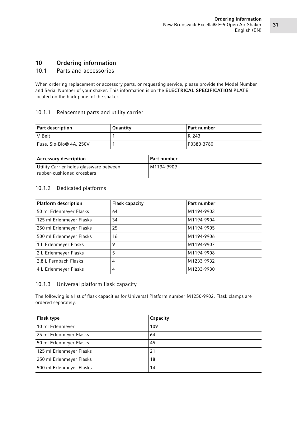 10 ordering information, 1 parts and accessories, 1 relacement parts and utility carrier | 2 dedicated platforms, 3 universal platform flask capacity, Parts and accessories, Relacement parts and utility carrier, Dedicated platforms, Universal platform flask capacity | Eppendorf Excella E-5 Classic Platform Shaker User Manual | Page 31 / 42