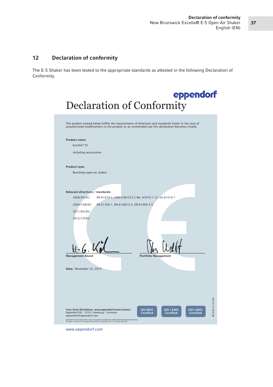 12 declaration of conformity, Declaration of conformity | Eppendorf Excella E-5 Classic Platform Shaker User Manual | Page 37 / 42