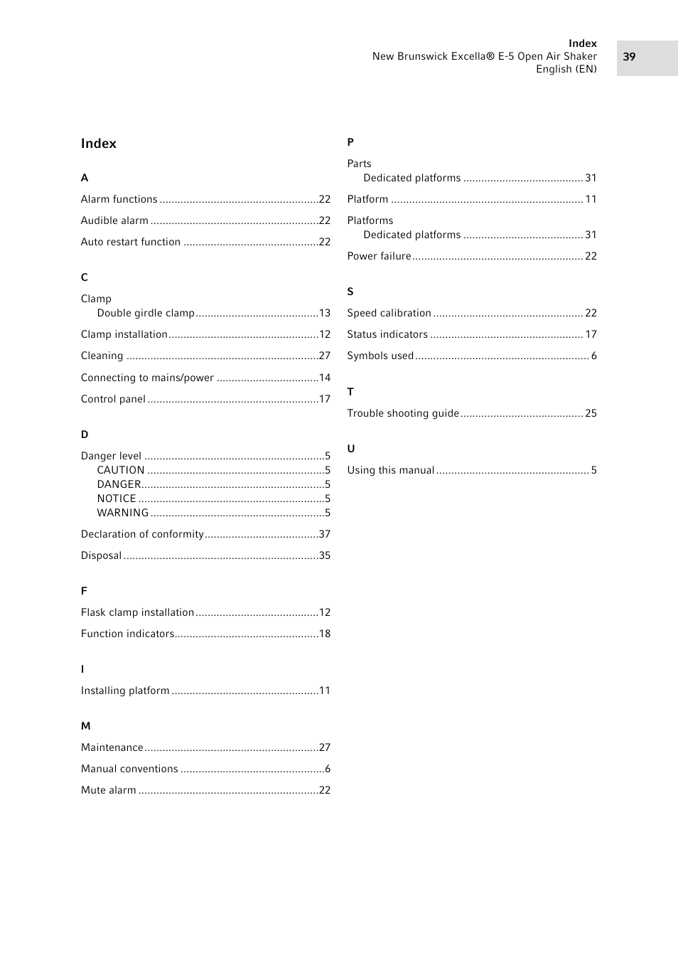 Index | Eppendorf Excella E-5 Classic Platform Shaker User Manual | Page 39 / 42