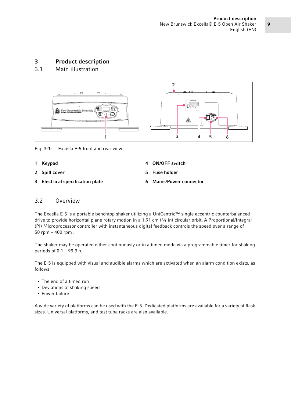 3 product description, 1 main illustration, 2 overview | Product description 3.1, Main illustration, Overview, 3product description 3.1 main illustration | Eppendorf Excella E-5 Classic Platform Shaker User Manual | Page 9 / 42