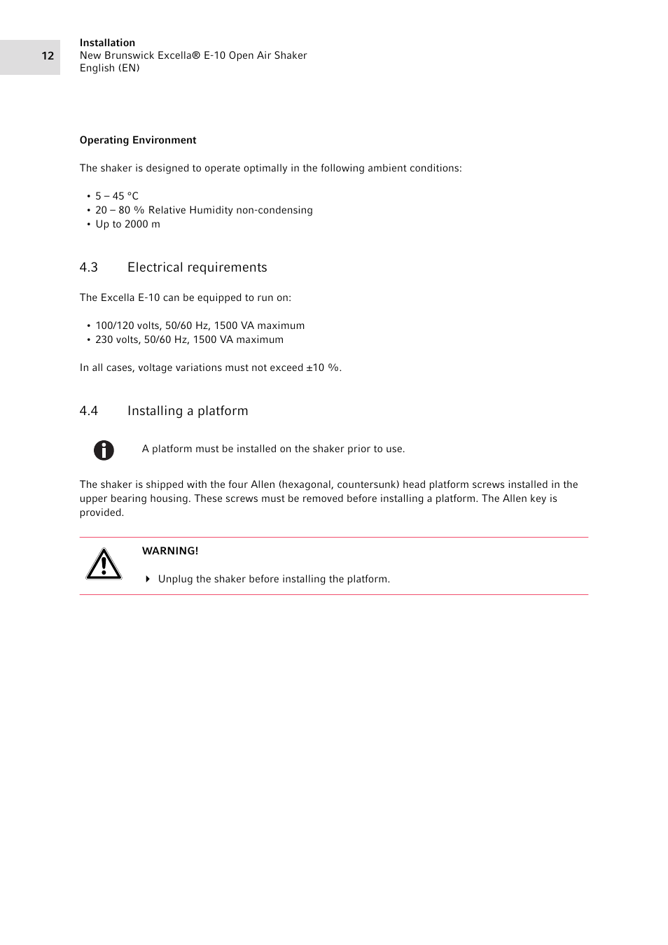 3 electrical requirements, 4 installing a platform, Electrical requirements | Installing a platform | Eppendorf Excella E-10 Classic Platform Shaker User Manual | Page 12 / 40