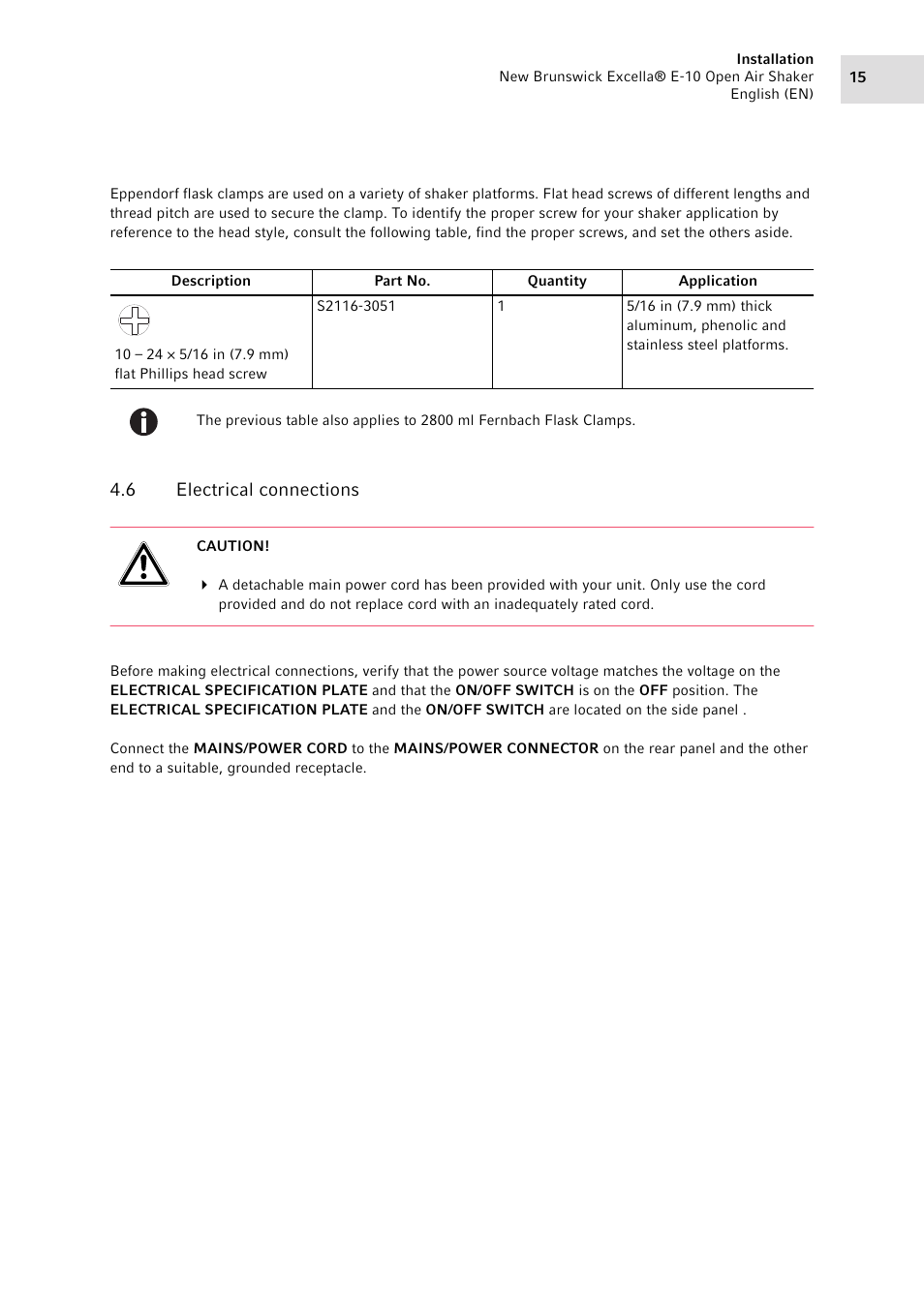 6 electrical connections, Electrical connections | Eppendorf Excella E-10 Classic Platform Shaker User Manual | Page 15 / 40