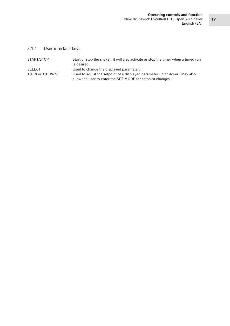 4 user interface keys, User interface keys | Eppendorf Excella E-10 Classic Platform Shaker User Manual | Page 19 / 40
