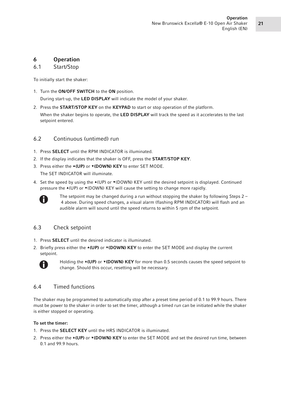 6 operation, 1 start/stop, 2 continuous (untimed) run | 3 check setpoint, 4 timed functions, Operation 6.1, Start/stop, Continuous (untimed) run, Check setpoint, Timed functions | Eppendorf Excella E-10 Classic Platform Shaker User Manual | Page 21 / 40