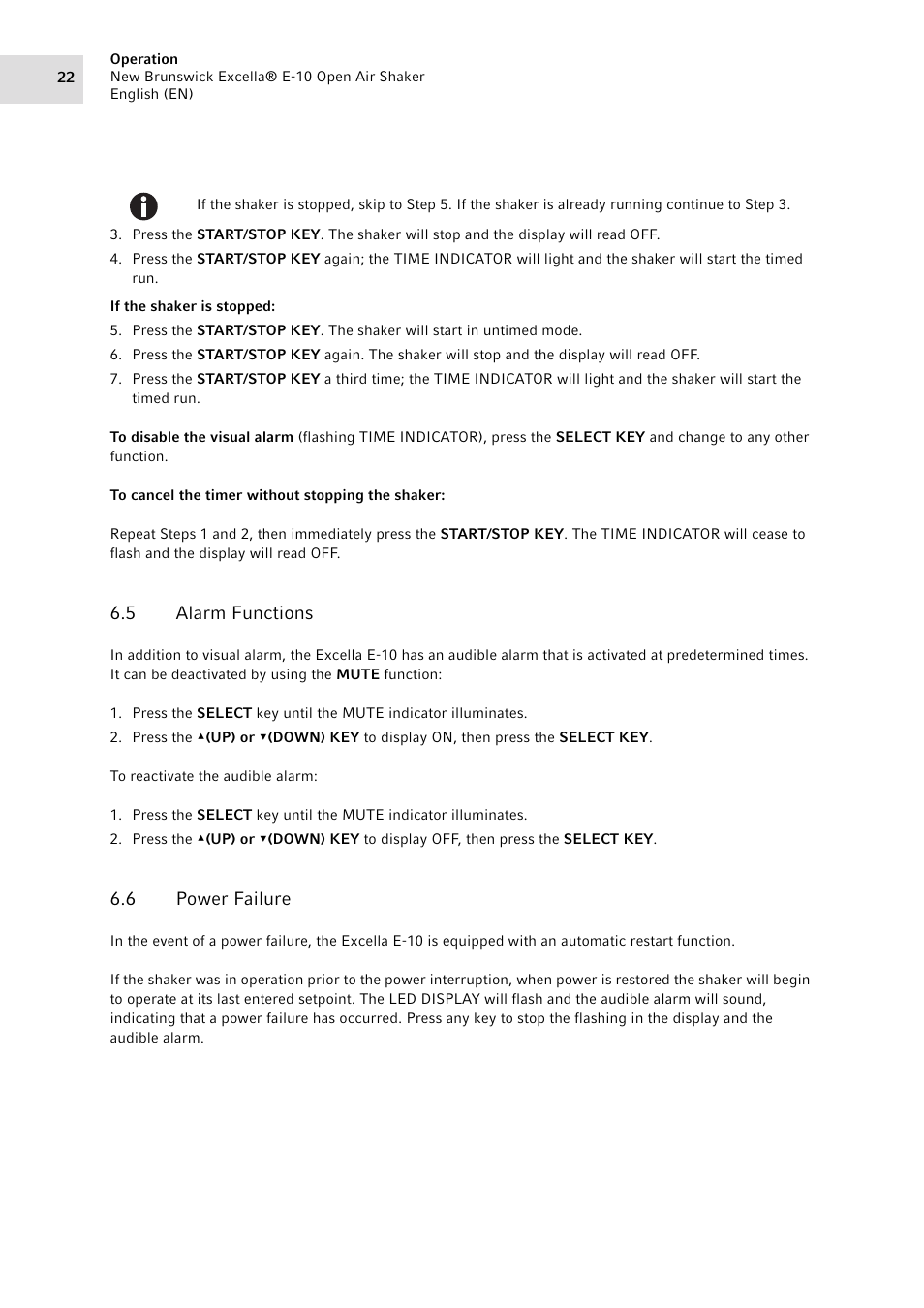 5 alarm functions, 6 power failure, Alarm functions | Power failure | Eppendorf Excella E-10 Classic Platform Shaker User Manual | Page 22 / 40