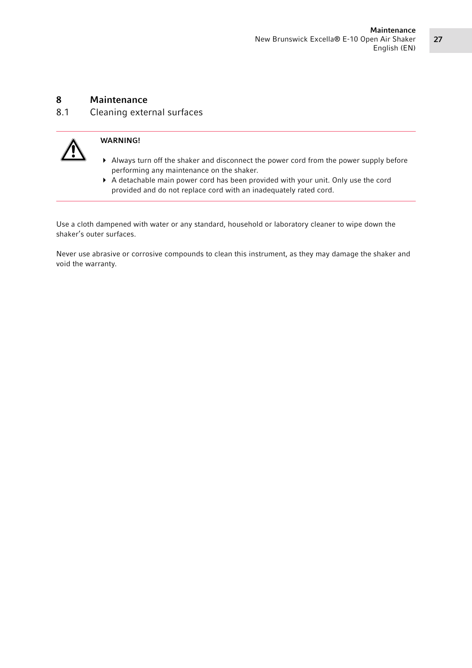 8 maintenance, 1 cleaning external surfaces, Maintenance 8.1 | Cleaning external surfaces | Eppendorf Excella E-10 Classic Platform Shaker User Manual | Page 27 / 40