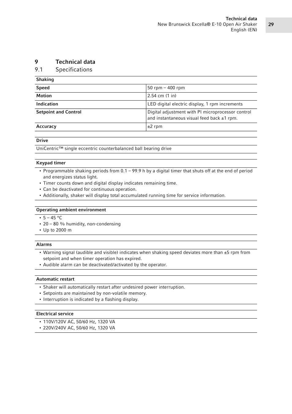 9 technical data, 1 specifications, Technical data 9.1 | Specifications, 9technical data 9.1 specifications | Eppendorf Excella E-10 Classic Platform Shaker User Manual | Page 29 / 40