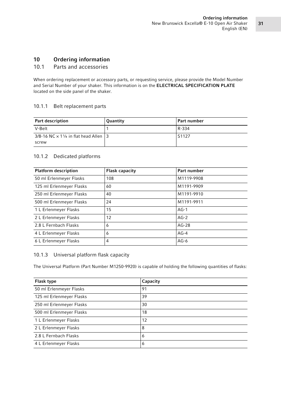 10 ordering information, 1 parts and accessories, 1 belt replacement parts | 2 dedicated platforms, 3 universal platform flask capacity, Parts and accessories 10.1.1, Belt replacement parts, Dedicated platforms, Universal platform flask capacity | Eppendorf Excella E-10 Classic Platform Shaker User Manual | Page 31 / 40