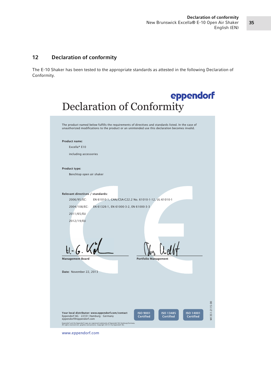 12 declaration of conformity, Declaration of conformity | Eppendorf Excella E-10 Classic Platform Shaker User Manual | Page 35 / 40