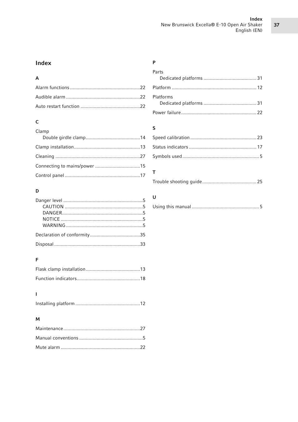 Index | Eppendorf Excella E-10 Classic Platform Shaker User Manual | Page 37 / 40