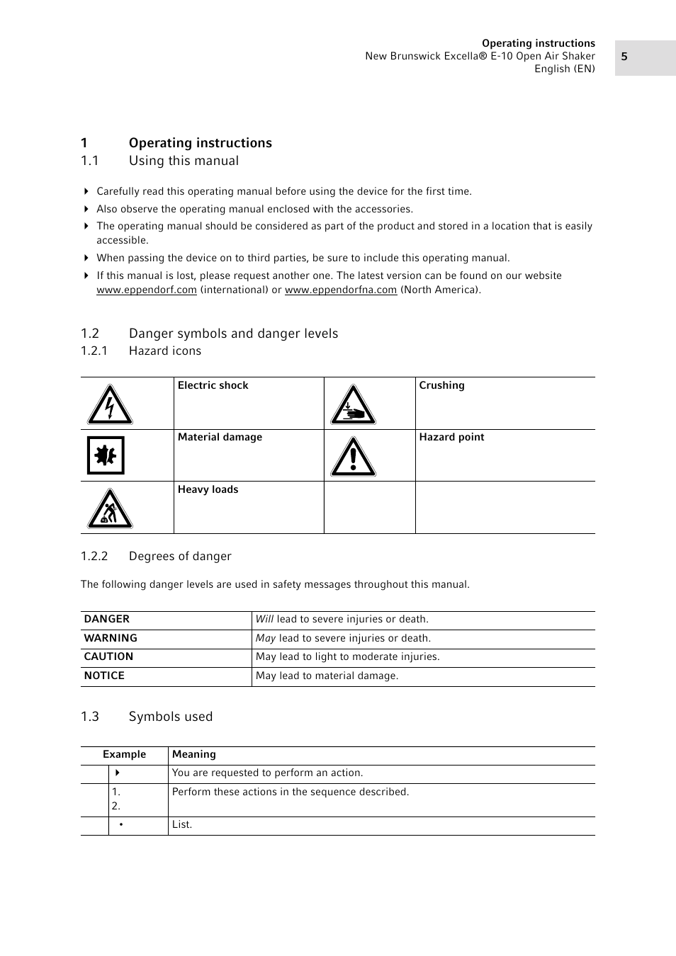 1 operating instructions, 1 using this manual, 2 danger symbols and danger levels | 1 hazard icons, 2 degrees of danger, 3 symbols used, Operating instructions 1.1, Using this manual, Danger symbols and danger levels 1.2.1, Hazard icons | Eppendorf Excella E-10 Classic Platform Shaker User Manual | Page 5 / 40