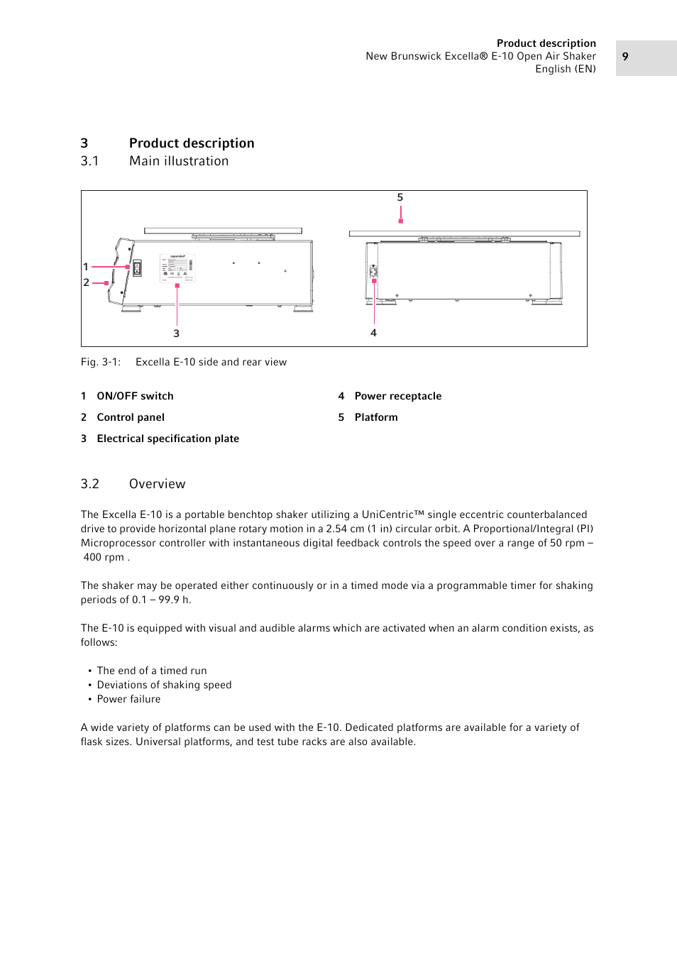 3 product description, 1 main illustration, 2 overview | Product description 3.1, Main illustration, Overview, 3product description 3.1 main illustration | Eppendorf Excella E-10 Classic Platform Shaker User Manual | Page 9 / 40