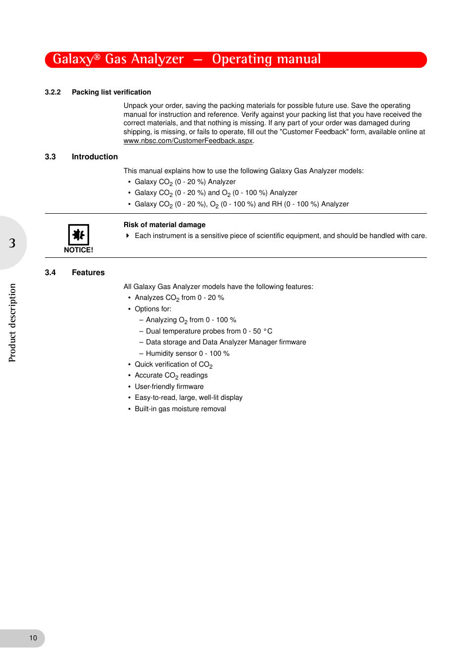 2 packing list verification, 3 introduction, 4 features | Packing list verification, Introduction, Features, Galaxy® gas analyzer — operating manual, Product descriptio n | Eppendorf Galaxy Gas Analyzer User Manual | Page 10 / 56