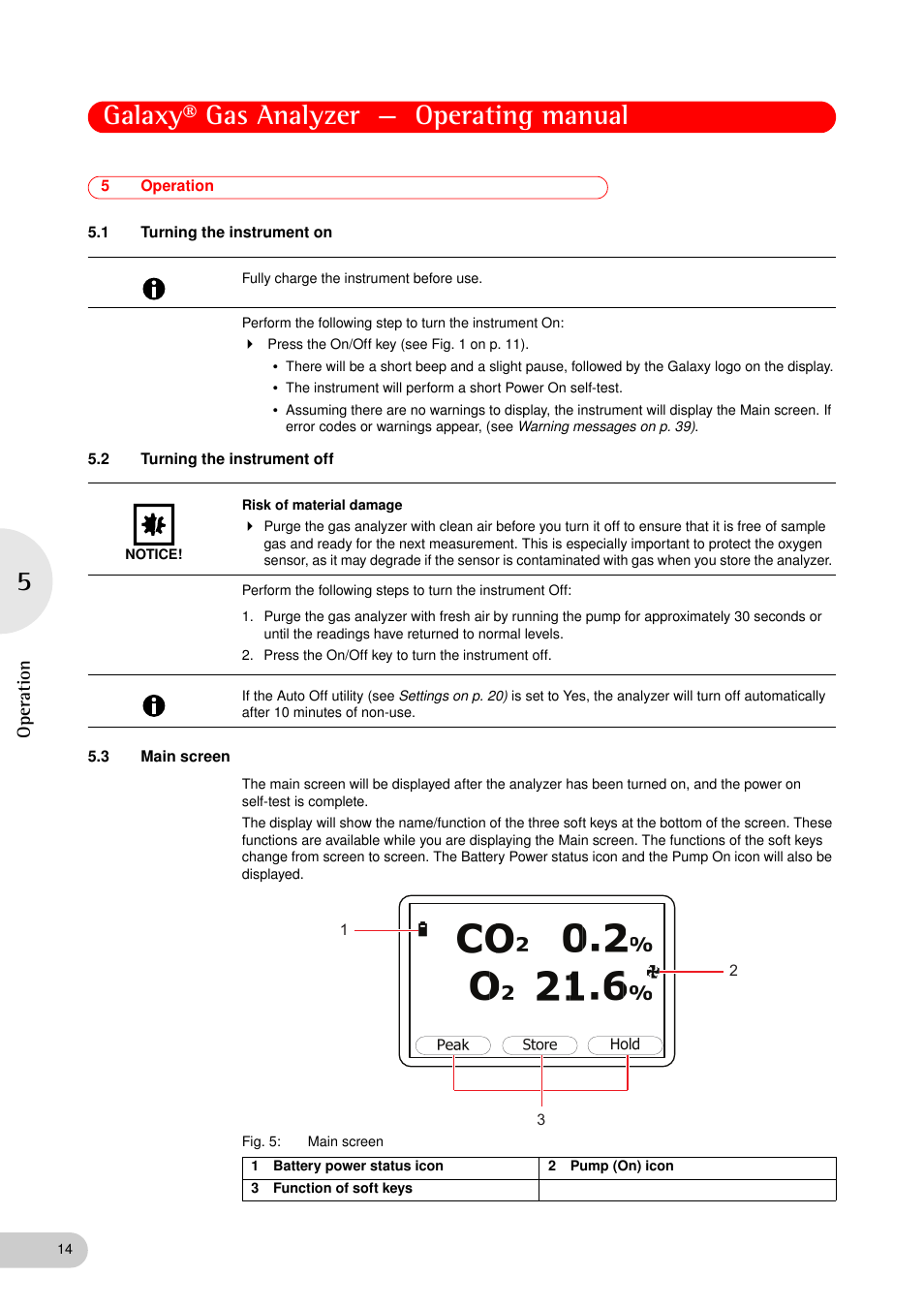 5 operation, 1 turning the instrument on, 2 turning the instrument off | 3 main screen, Operation 5.1, Turning the instrument on, Turning the instrument off, Main screen, Galaxy® gas analyzer — operating manual, Operatio n | Eppendorf Galaxy Gas Analyzer User Manual | Page 14 / 56