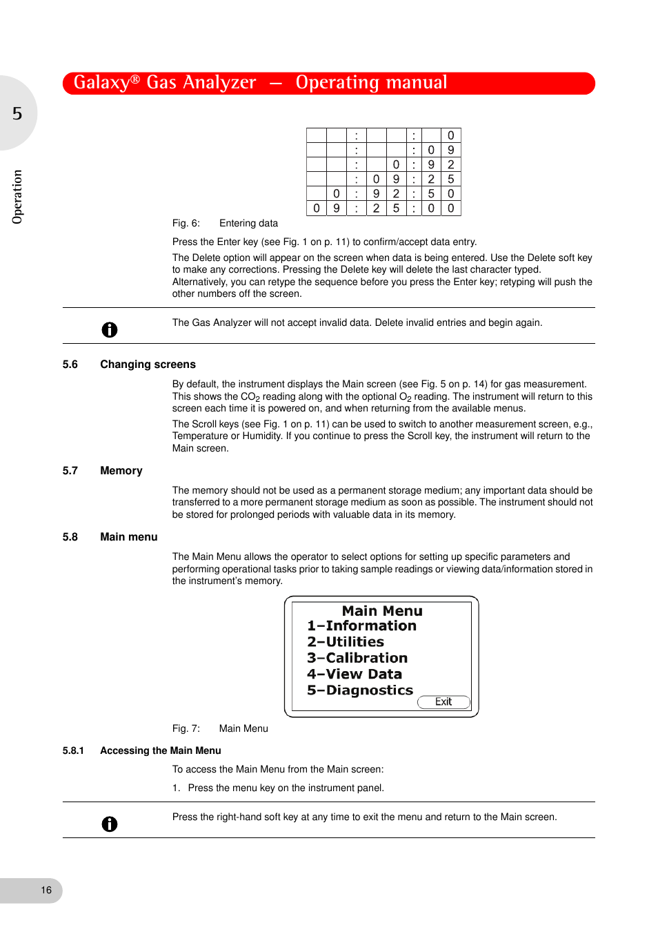 6 changing screens, 7 memory, 8 main menu | 1 accessing the main menu, Changing screens, Memory, Main menu 5.8.1, Accessing the main menu, Galaxy® gas analyzer — operating manual, Operation | Eppendorf Galaxy Gas Analyzer User Manual | Page 16 / 56