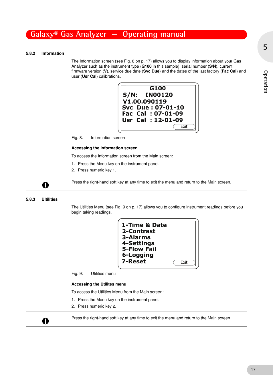 2 information, 3 ultilities, Information | Ultilities, Galaxy® gas analyzer — operating manual, Op er at ion | Eppendorf Galaxy Gas Analyzer User Manual | Page 17 / 56