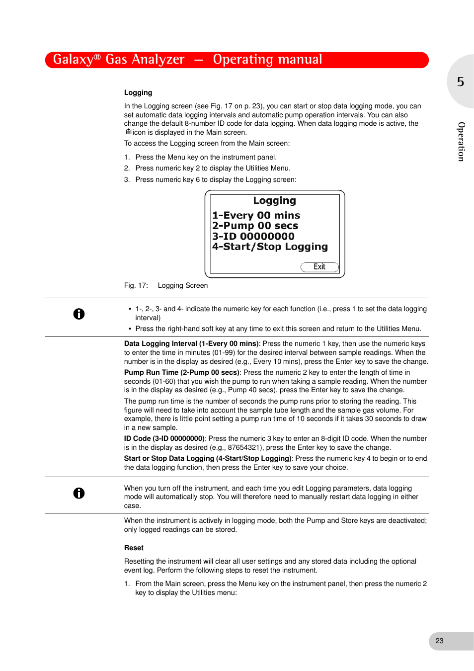 See logging on p. 23) ) an, Galaxy® gas analyzer — operating manual, Op er at ion | Eppendorf Galaxy Gas Analyzer User Manual | Page 23 / 56