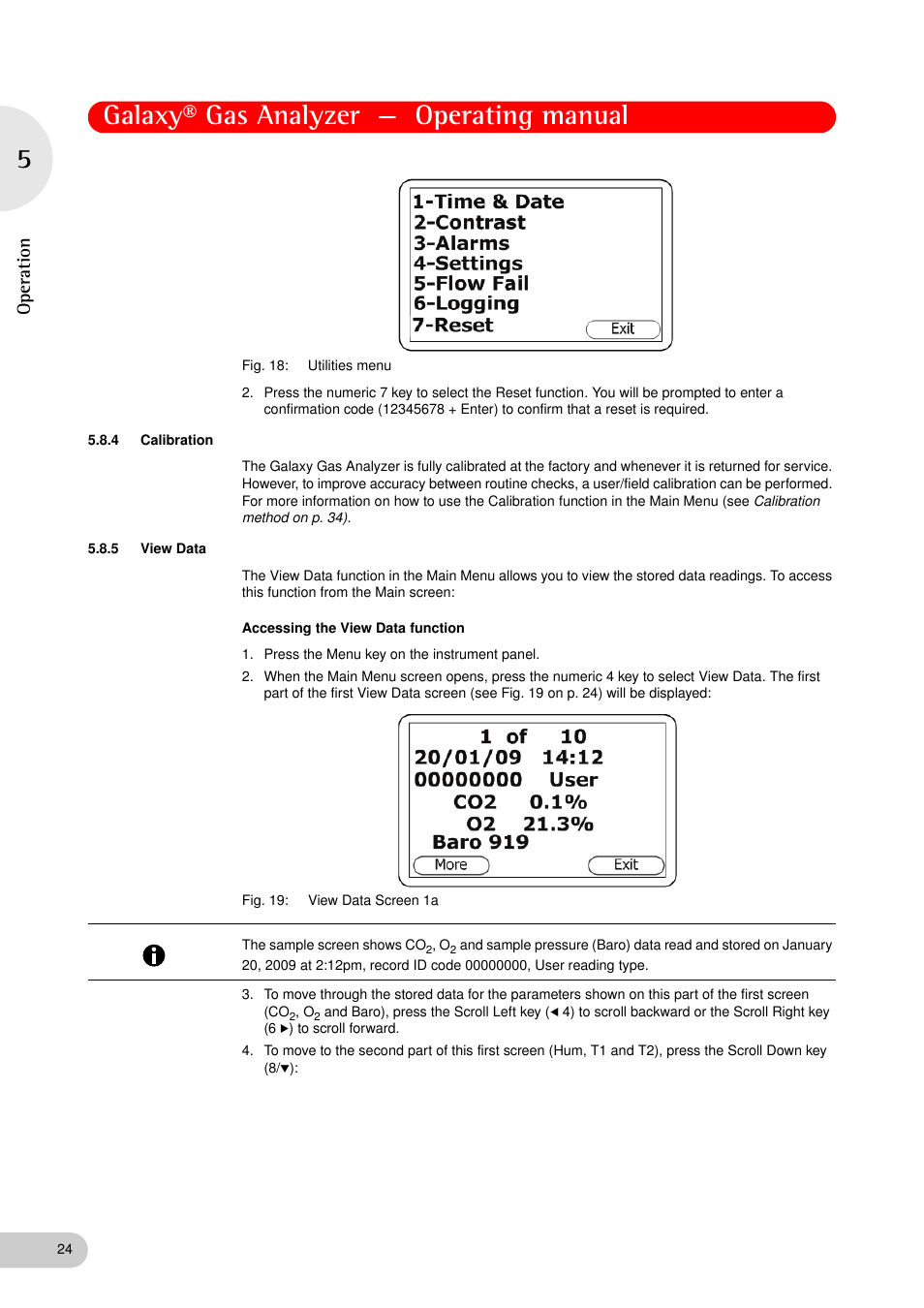 4 calibration, 5 view data, Calibration | View data, Galaxy® gas analyzer — operating manual, Operation | Eppendorf Galaxy Gas Analyzer User Manual | Page 24 / 56
