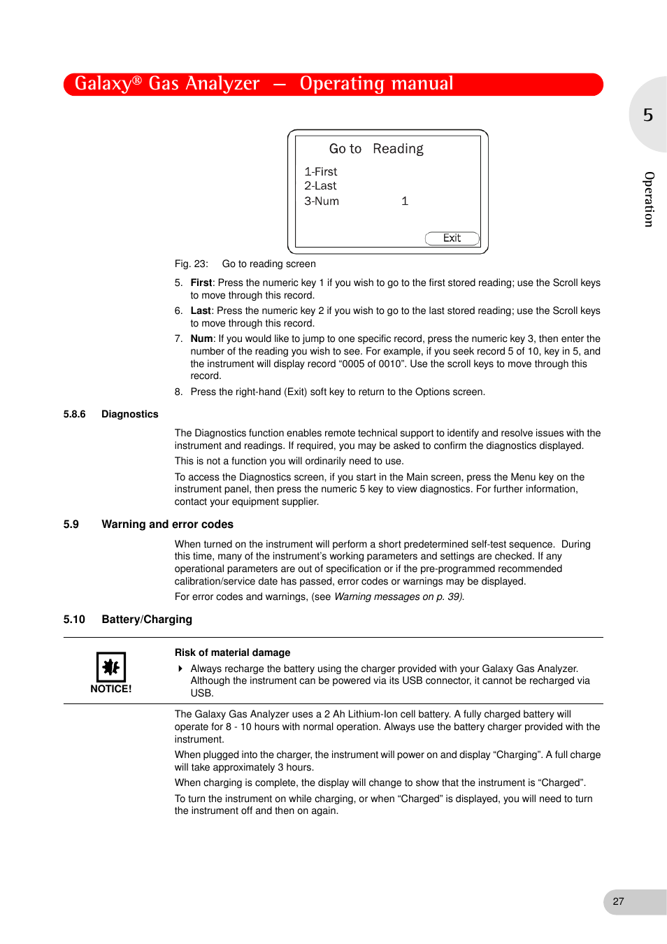 6 diagnostics, 9 warning and error codes, 10 battery/charging | Diagnostics, Warning and error codes, Battery/charging, Galaxy® gas analyzer — operating manual, Op er at ion | Eppendorf Galaxy Gas Analyzer User Manual | Page 27 / 56