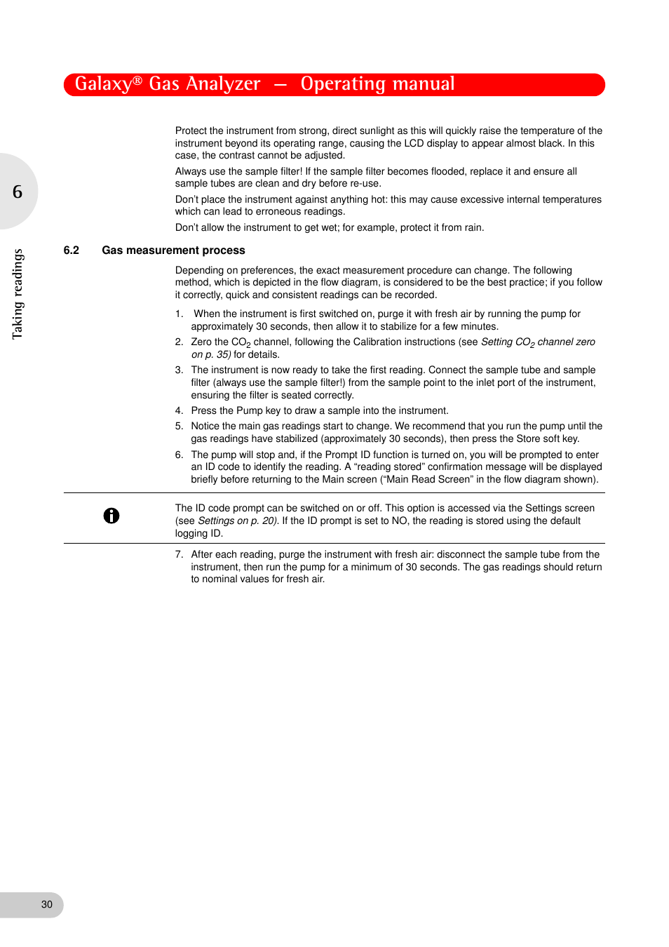 2 gas measurement process, Gas measurement process, Galaxy® gas analyzer — operating manual | Taking read ing s | Eppendorf Galaxy Gas Analyzer User Manual | Page 30 / 56