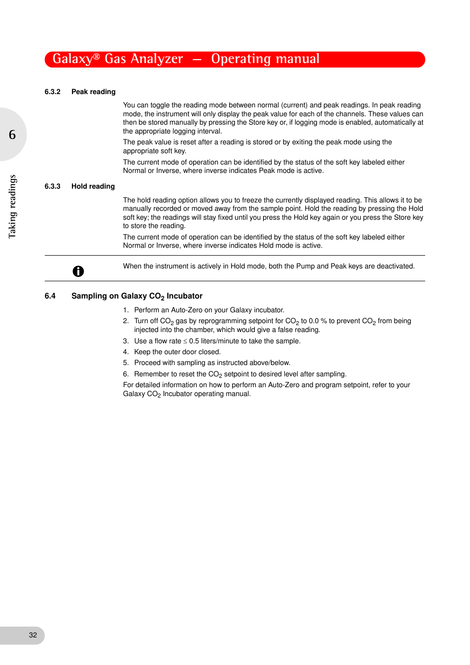 2 peak reading, 3 hold reading, 4 sampling on galaxy co2 incubator | Peak reading, Hold reading, Sampling on galaxy co, Incubator, See peak reading on p. 32), Ng (see hold reading on p. 32), Galaxy® gas analyzer — operating manual | Eppendorf Galaxy Gas Analyzer User Manual | Page 32 / 56