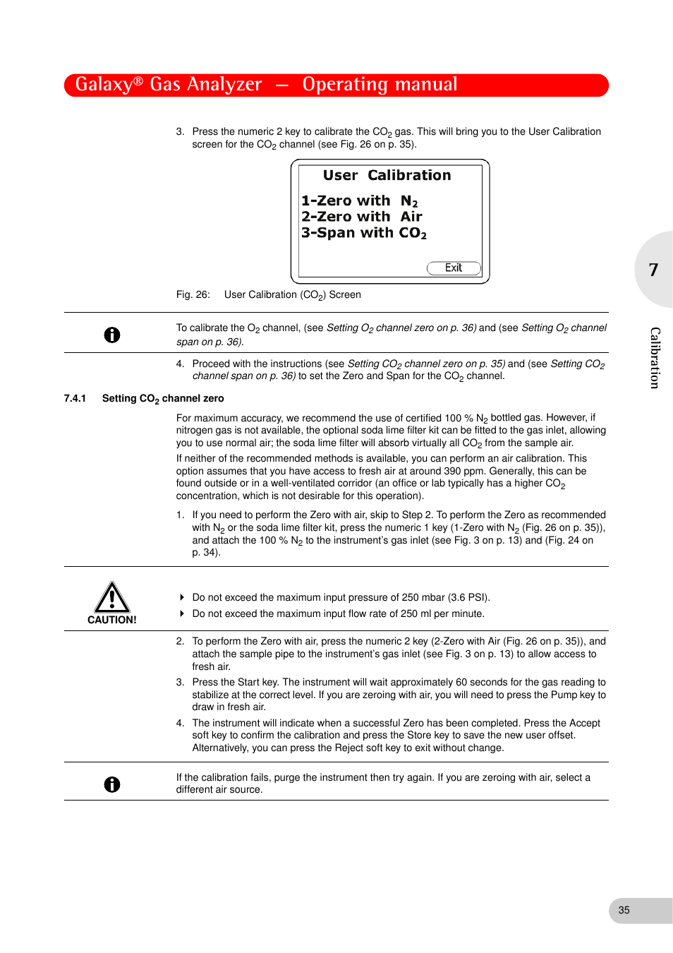 1 setting co2 channel zero, Setting co, Channel zero | Ons (see setting co, On p. 35), Galaxy® gas analyzer — operating manual, Ca libr ati on | Eppendorf Galaxy Gas Analyzer User Manual | Page 35 / 56