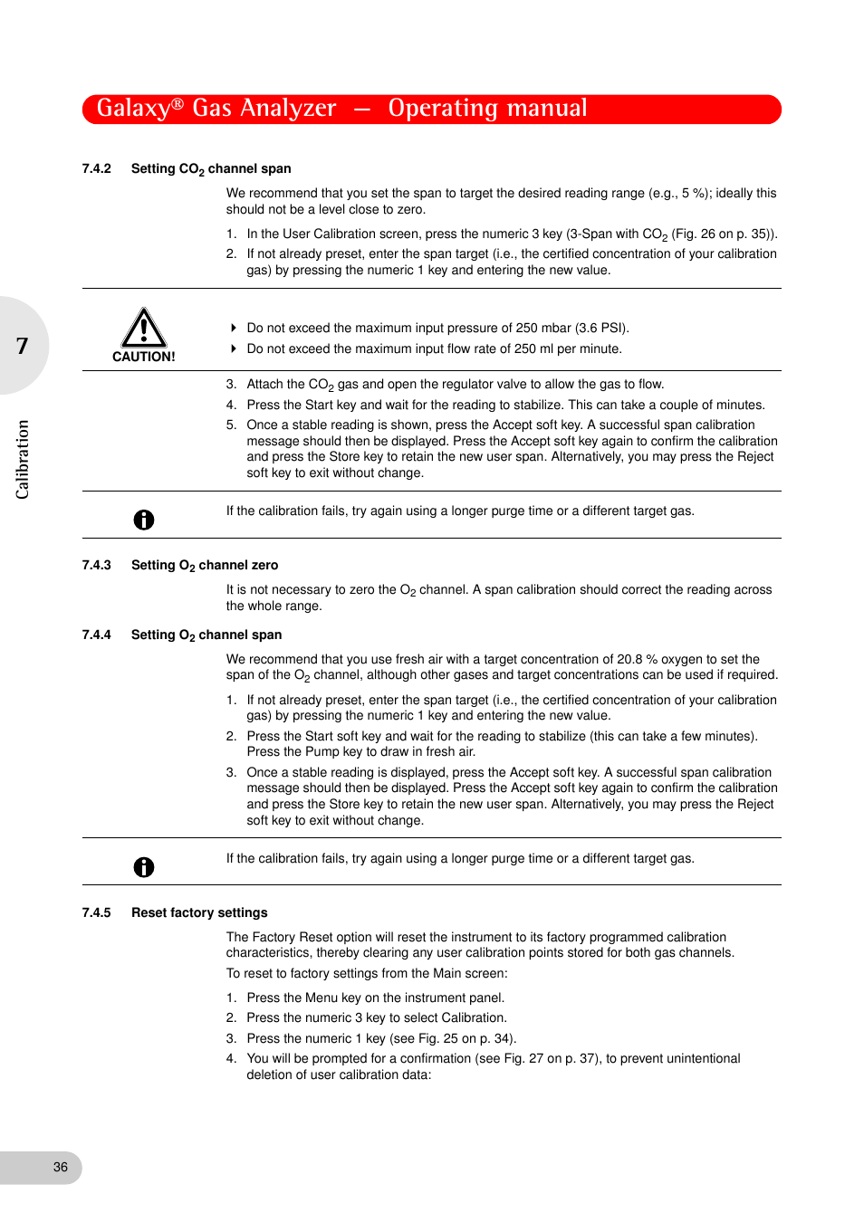 2 setting co2 channel span, 3 setting o2 channel zero, 4 setting o2 channel span | 5 reset factory settings, Setting co, Channel span, Setting o, Channel zero, Reset factory settings, Nd (see setting co | Eppendorf Galaxy Gas Analyzer User Manual | Page 36 / 56