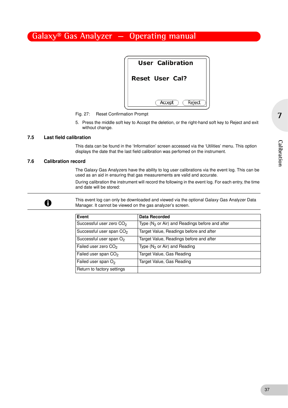 5 last field calibration, 6 calibration record, Last field calibration | Calibration record, Galaxy® gas analyzer — operating manual, Ca libr ati on | Eppendorf Galaxy Gas Analyzer User Manual | Page 37 / 56