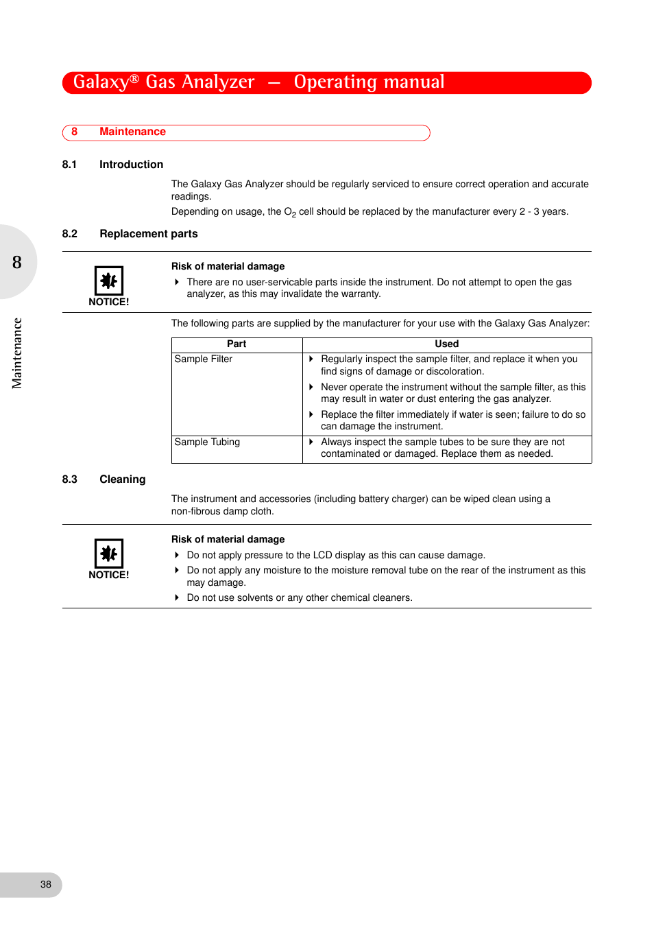 8 maintenance, 1 introduction, 2 replacement parts | 3 cleaning, Maintenance 8.1, Introduction, Replacement parts, Cleaning, Galaxy® gas analyzer — operating manual, Maintenance | Eppendorf Galaxy Gas Analyzer User Manual | Page 38 / 56
