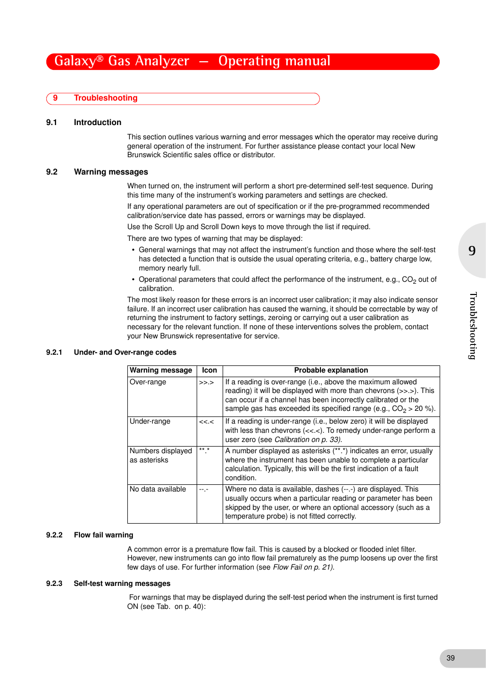 9 troubleshooting, 1 introduction, 2 warning messages | 1 under- and over-range codes, 2 flow fail warning, 3 self-test warning messages, Troubleshooting 9.1, Introduction, Warning messages 9.2.1, Under- and over-range codes | Eppendorf Galaxy Gas Analyzer User Manual | Page 39 / 56