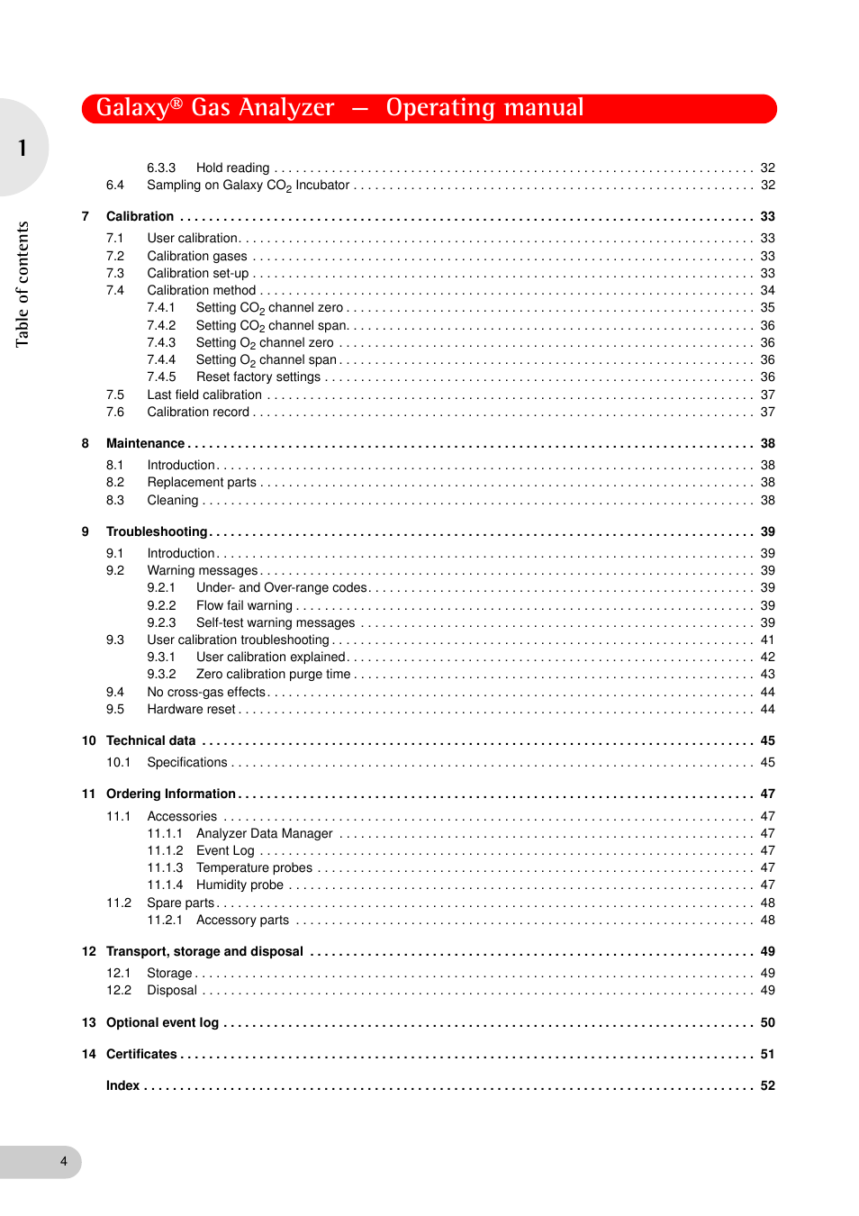 Galaxy® gas analyzer — operating manual, Ta ble of conte nts | Eppendorf Galaxy Gas Analyzer User Manual | Page 4 / 56