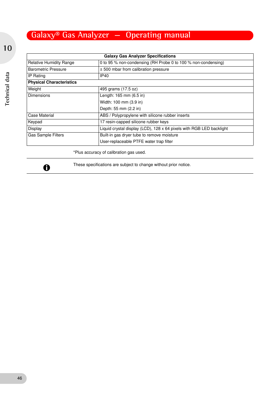 Galaxy® gas analyzer — operating manual, Technical data | Eppendorf Galaxy Gas Analyzer User Manual | Page 46 / 56