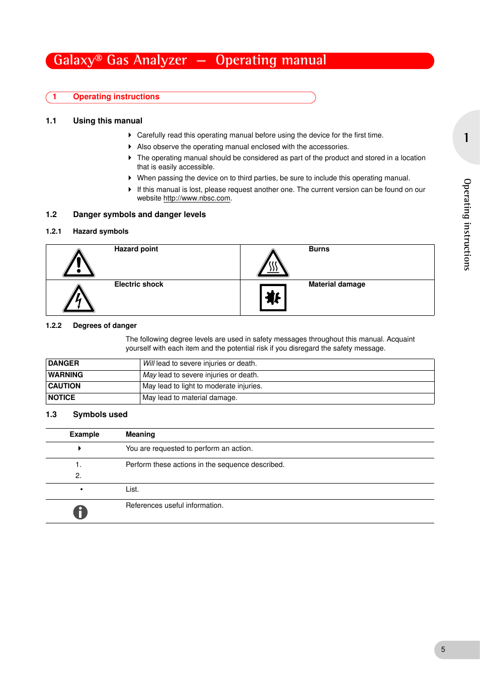 1 operating instructions, 1 using this manual, 2 danger symbols and danger levels | 1 hazard symbols, 2 degrees of danger, 3 symbols used, Operating instructions 1.1, Using this manual, Danger symbols and danger levels 1.2.1, Hazard symbols | Eppendorf Galaxy Gas Analyzer User Manual | Page 5 / 56