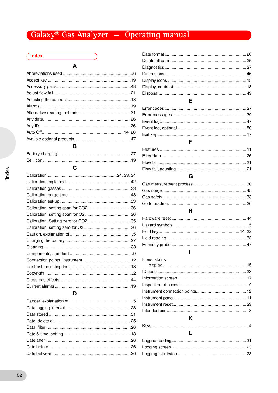 Index, Galaxy® gas analyzer — operating manual | Eppendorf Galaxy Gas Analyzer User Manual | Page 52 / 56