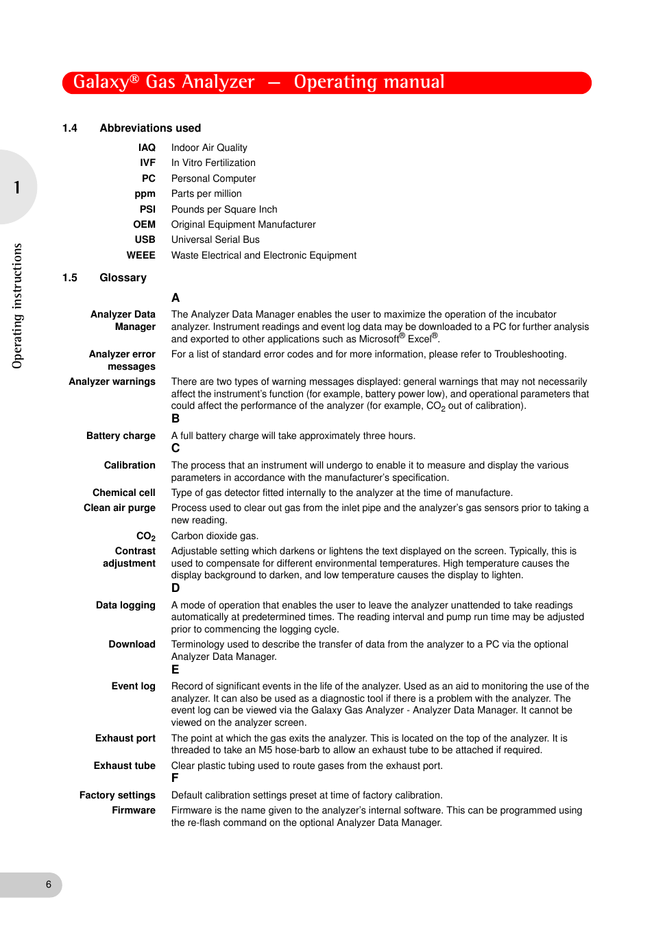 4 abbreviations used, 5 glossary, Abbreviations used | Glossary, Galaxy® gas analyzer — operating manual, Operating instruc tions | Eppendorf Galaxy Gas Analyzer User Manual | Page 6 / 56