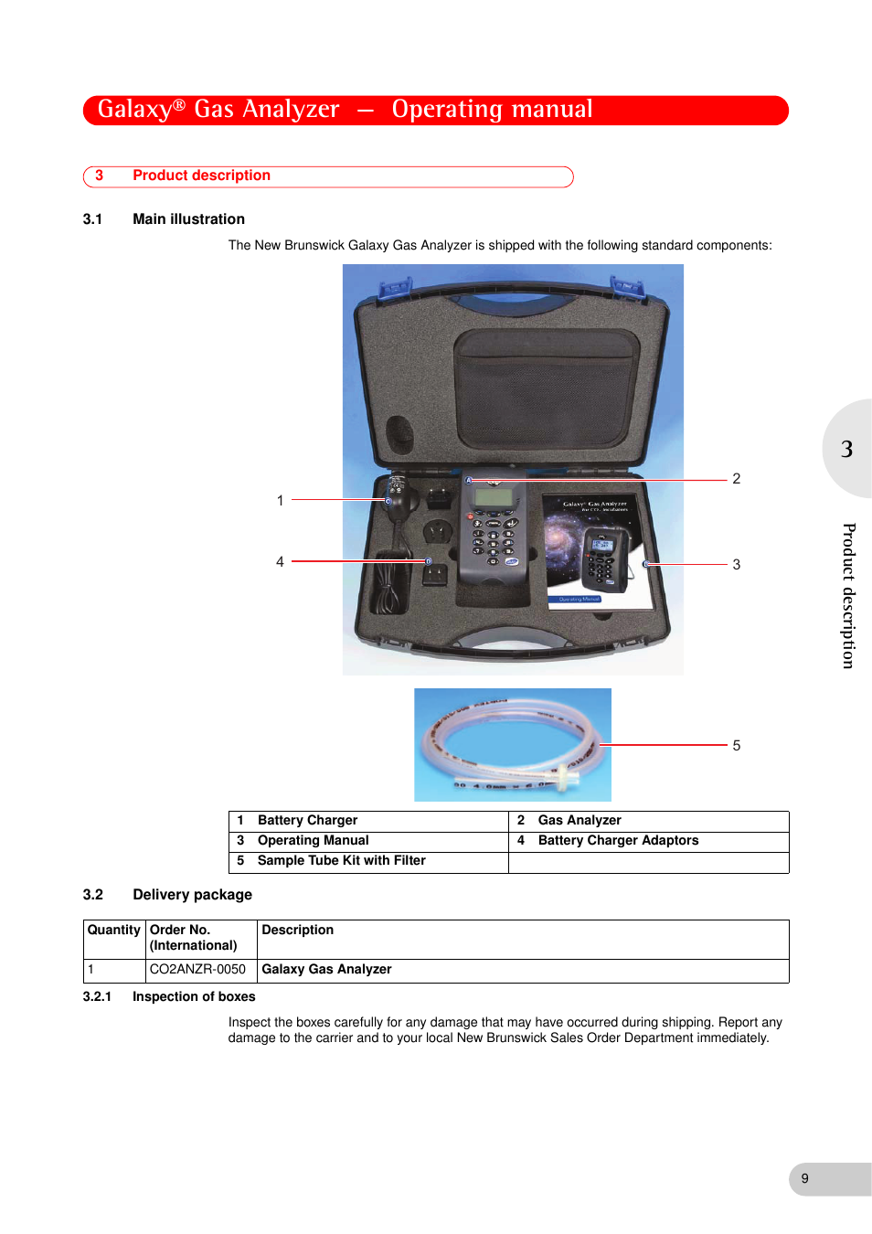 3 product description, 1 main illustration, 2 delivery package | 1 inspection of boxes, Product description 3.1, Main illustration, Delivery package 3.2.1, Inspection of boxes, Galaxy® gas analyzer — operating manual, Product descriptio n | Eppendorf Galaxy Gas Analyzer User Manual | Page 9 / 56