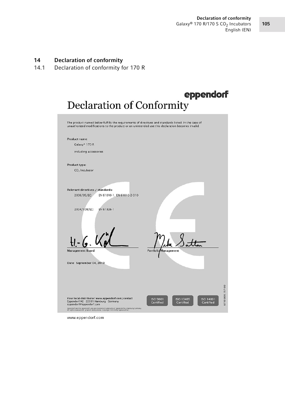 14 declaration of conformity, 1 declaration of conformity for 170 r, Declaration of conformity for 170 r | Eppendorf Galaxy CO2 Sensor User Manual | Page 105 / 110