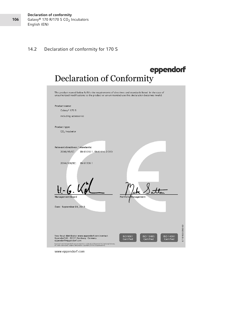 2 declaration of conformity for 170 s, Declaration of conformity for 170 s | Eppendorf Galaxy CO2 Sensor User Manual | Page 106 / 110