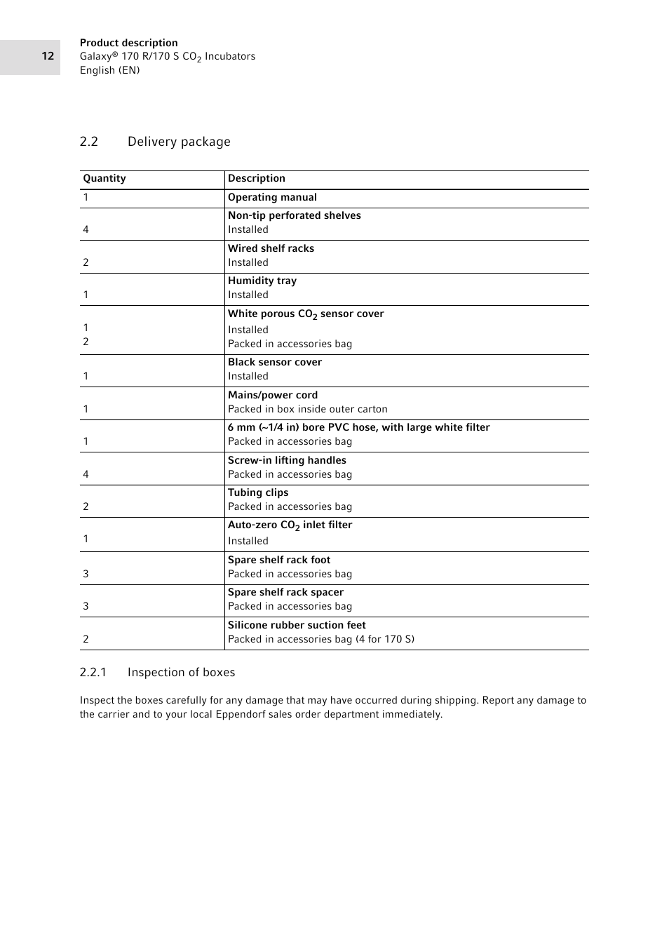 2 delivery package, 1 inspection of boxes, Delivery package 2.2.1 | Inspection of boxes | Eppendorf Galaxy CO2 Sensor User Manual | Page 12 / 110