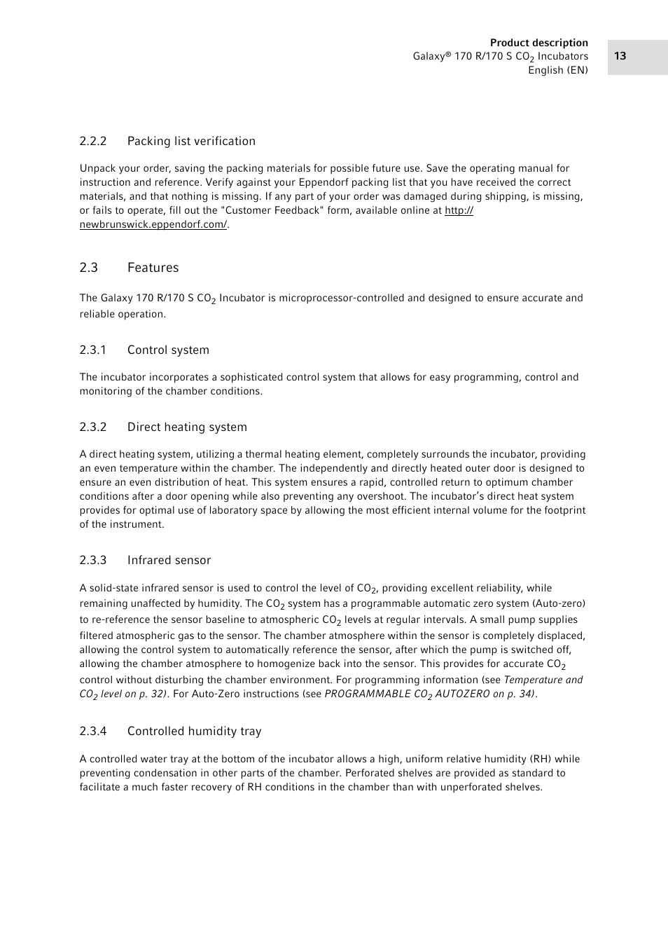 2 packing list verification, 3 features, 1 control system | 2 direct heating system, 3 infrared sensor, 4 controlled humidity tray, Packing list verification, Features 2.3.1, Control system, Direct heating system | Eppendorf Galaxy CO2 Sensor User Manual | Page 13 / 110