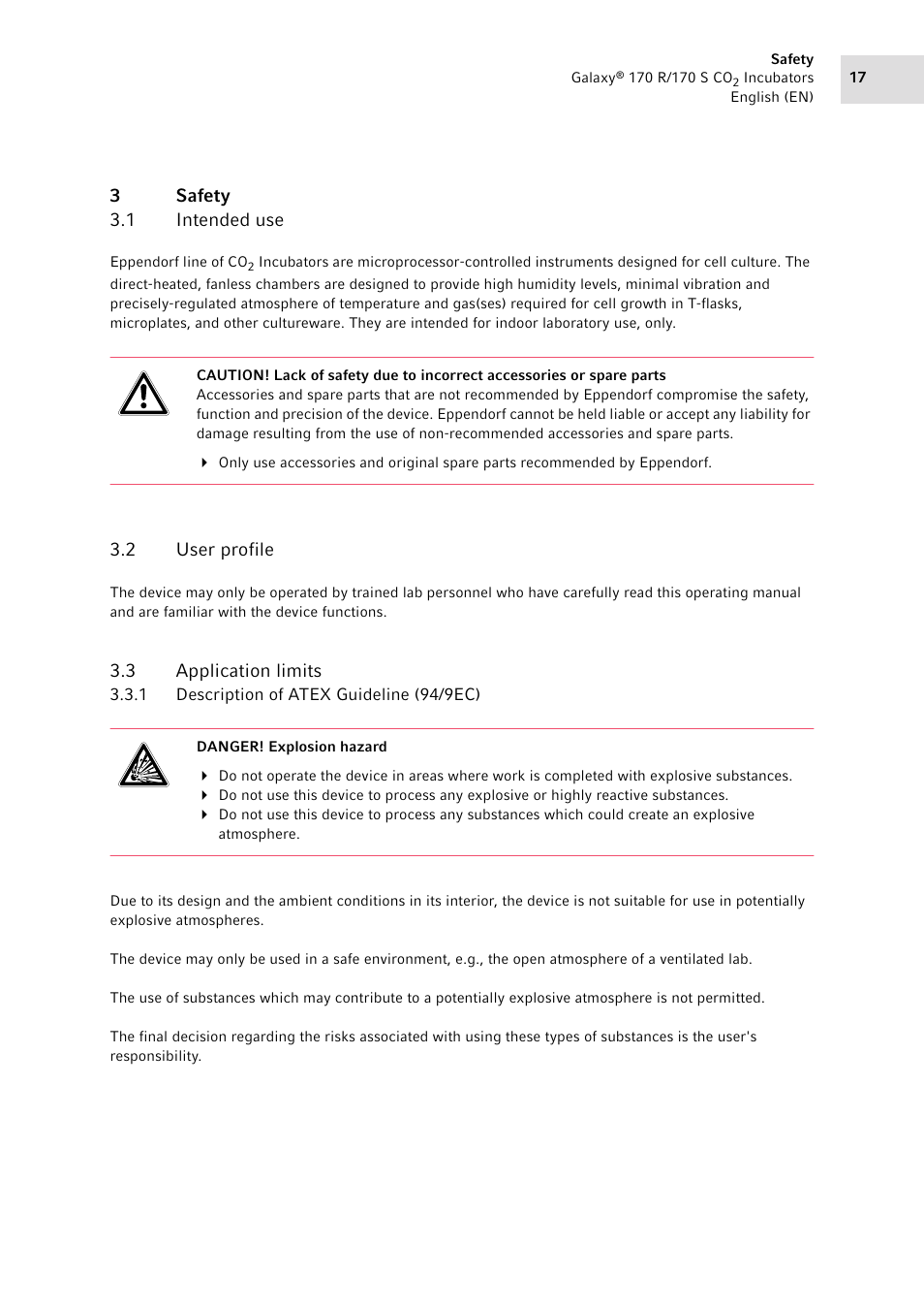 3 safety, 1 intended use, 2 user profile | 3 application limits, 1 description of atex guideline (94/9ec), Safety 3.1, Intended use, User profile, Application limits 3.3.1, Description of atex guideline (94/9ec) | Eppendorf Galaxy CO2 Sensor User Manual | Page 17 / 110