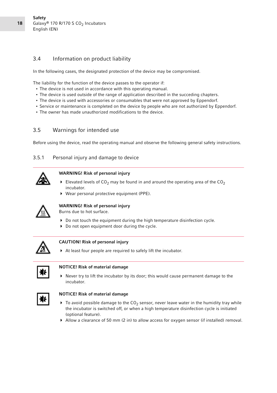 4 information on product liability, 5 warnings for intended use, 1 personal injury and damage to device | Information on product liability, Warnings for intended use 3.5.1, Personal injury and damage to device | Eppendorf Galaxy CO2 Sensor User Manual | Page 18 / 110