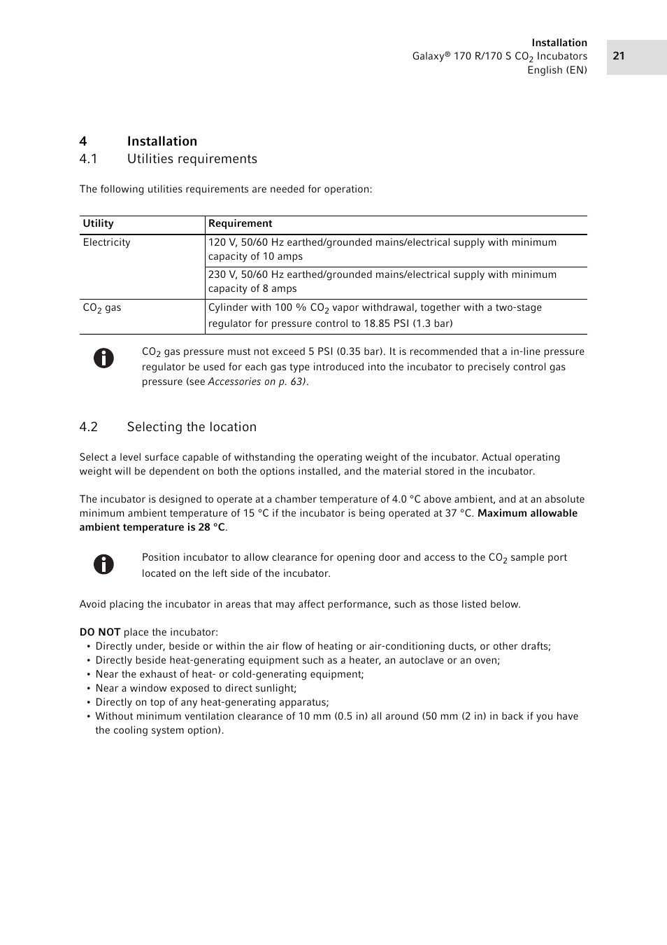 4 installation, 1 utilities requirements, 2 selecting the location | Installation 4.1, Utilities requirements, Selecting the location, 4installation 4.1 utilities requirements | Eppendorf Galaxy CO2 Sensor User Manual | Page 21 / 110