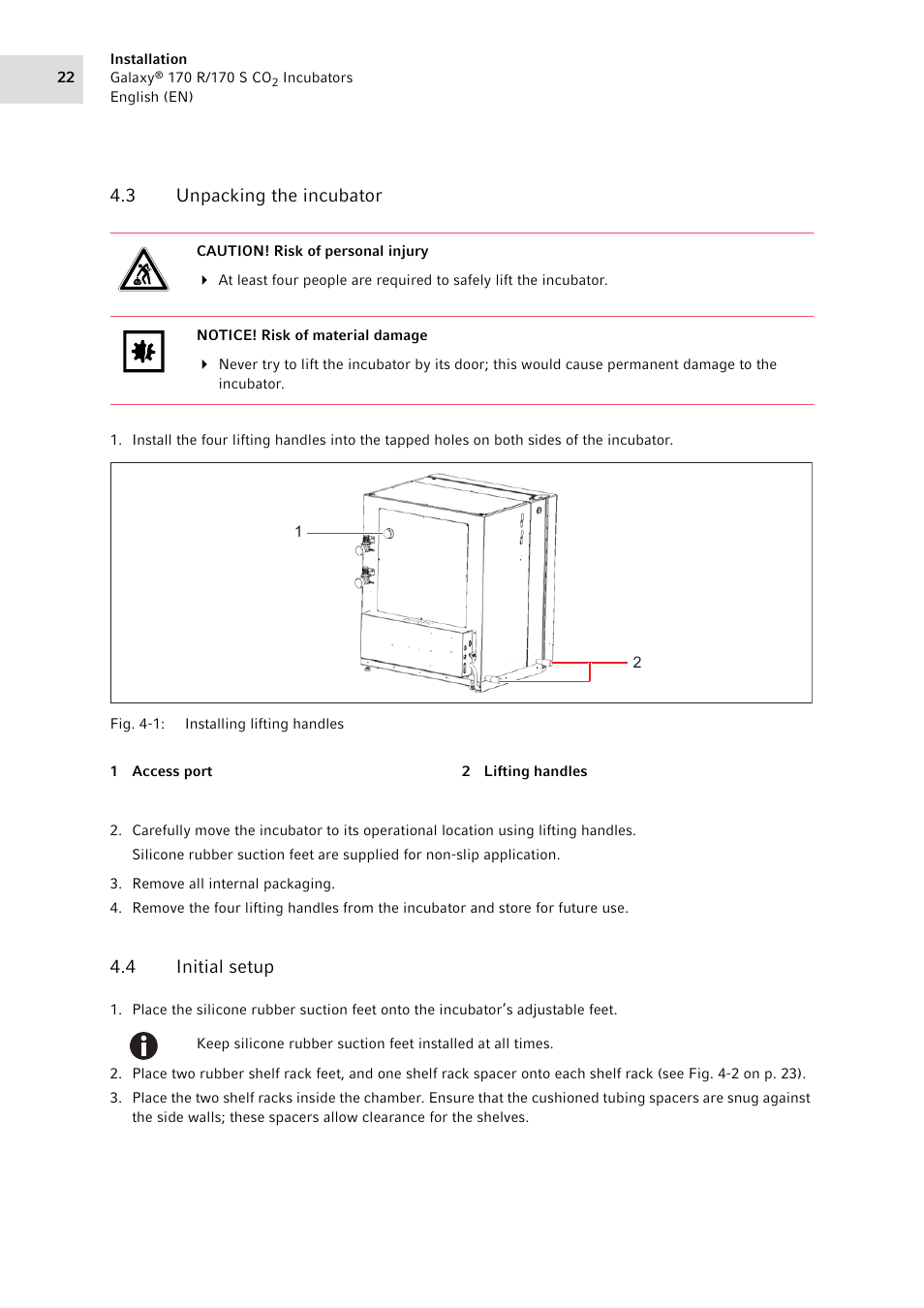 3 unpacking the incubator, 4 initial setup, Unpacking the incubator | Initial setup | Eppendorf Galaxy CO2 Sensor User Manual | Page 22 / 110